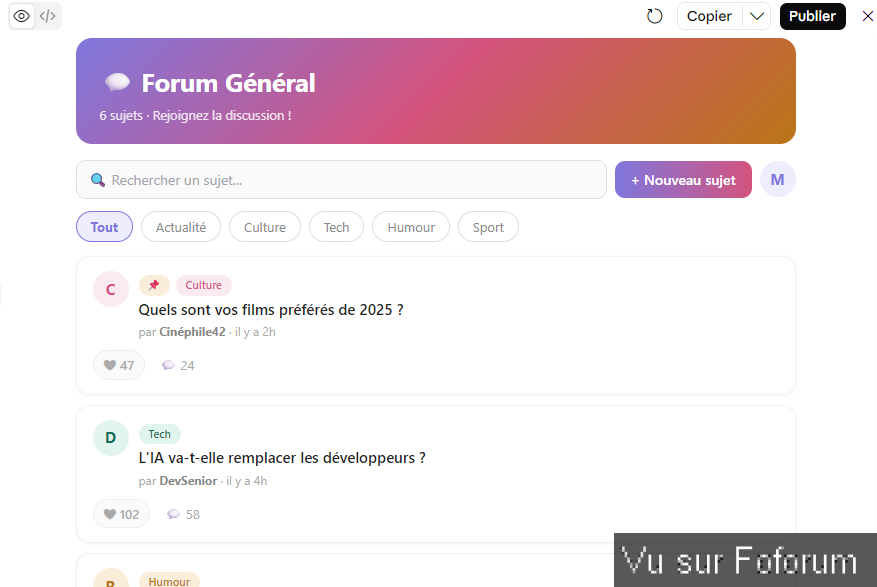 Je tente de créer un forum de discussions (à titre éducatif et pas en concurrence)