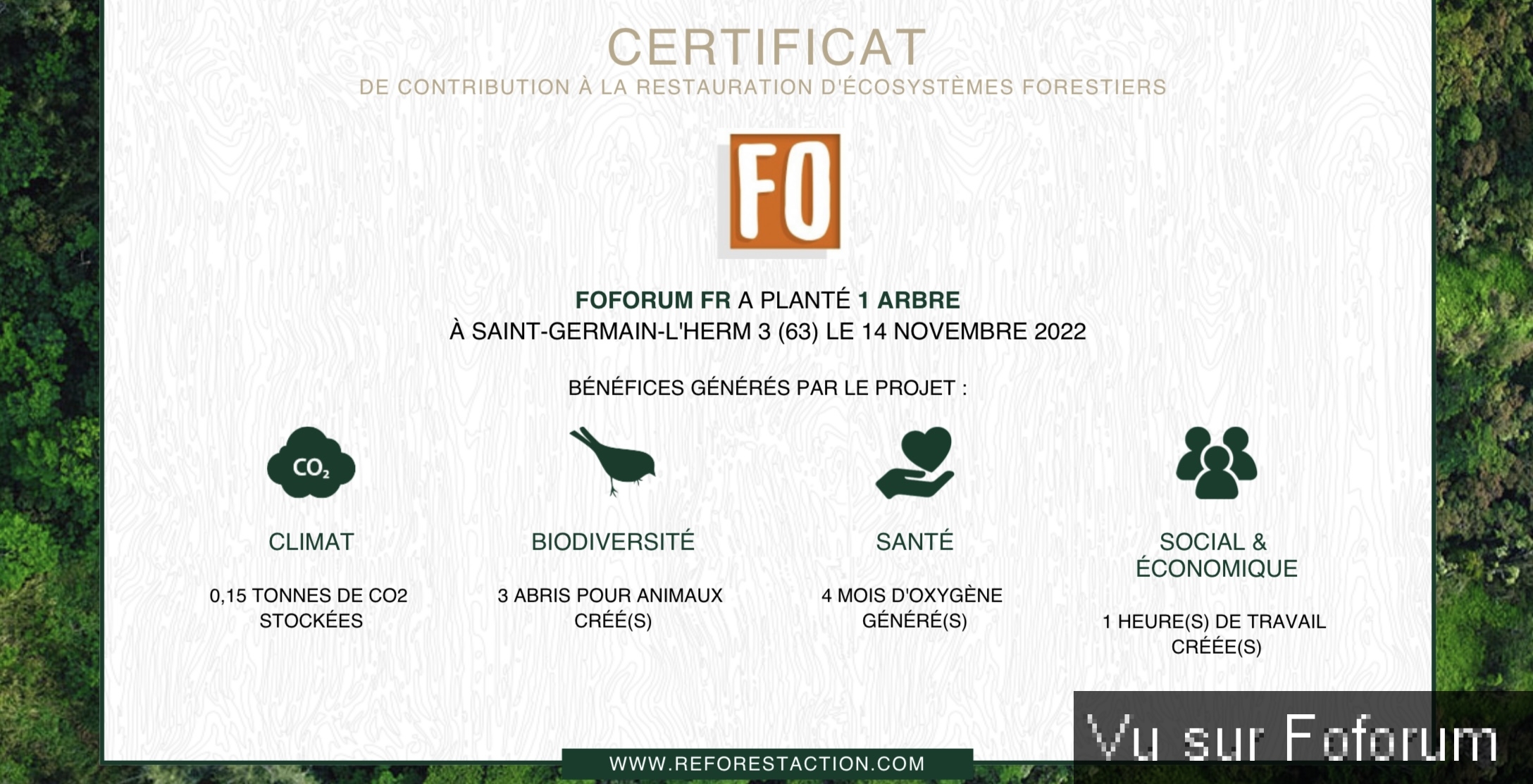 Nouvel achat : Plantation d'un arbre via Reforestaction 🌳