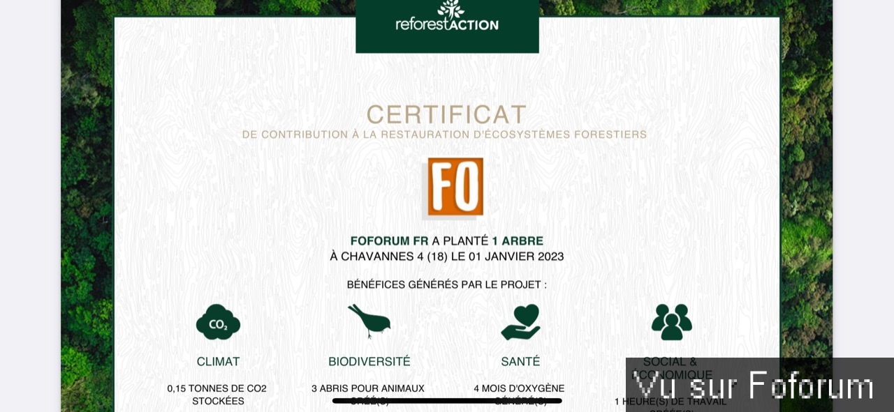 Nouvel achat : Plantation d'un arbre via Reforestaction 🌳