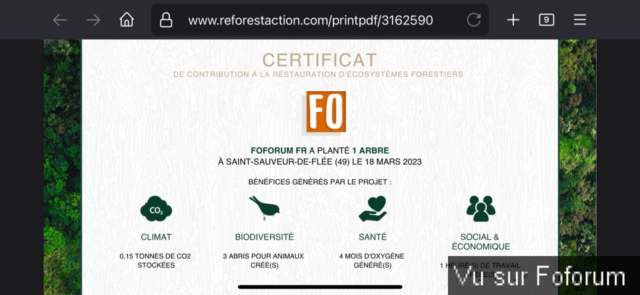 Nouvel achat : Plantation d'un arbre via Reforestaction 🌳