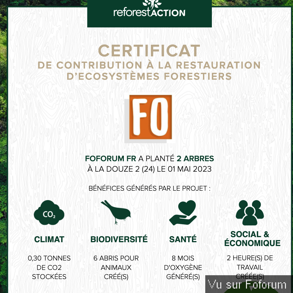 Nouvel achat : Plantation d'un arbre via Reforestaction 🌳