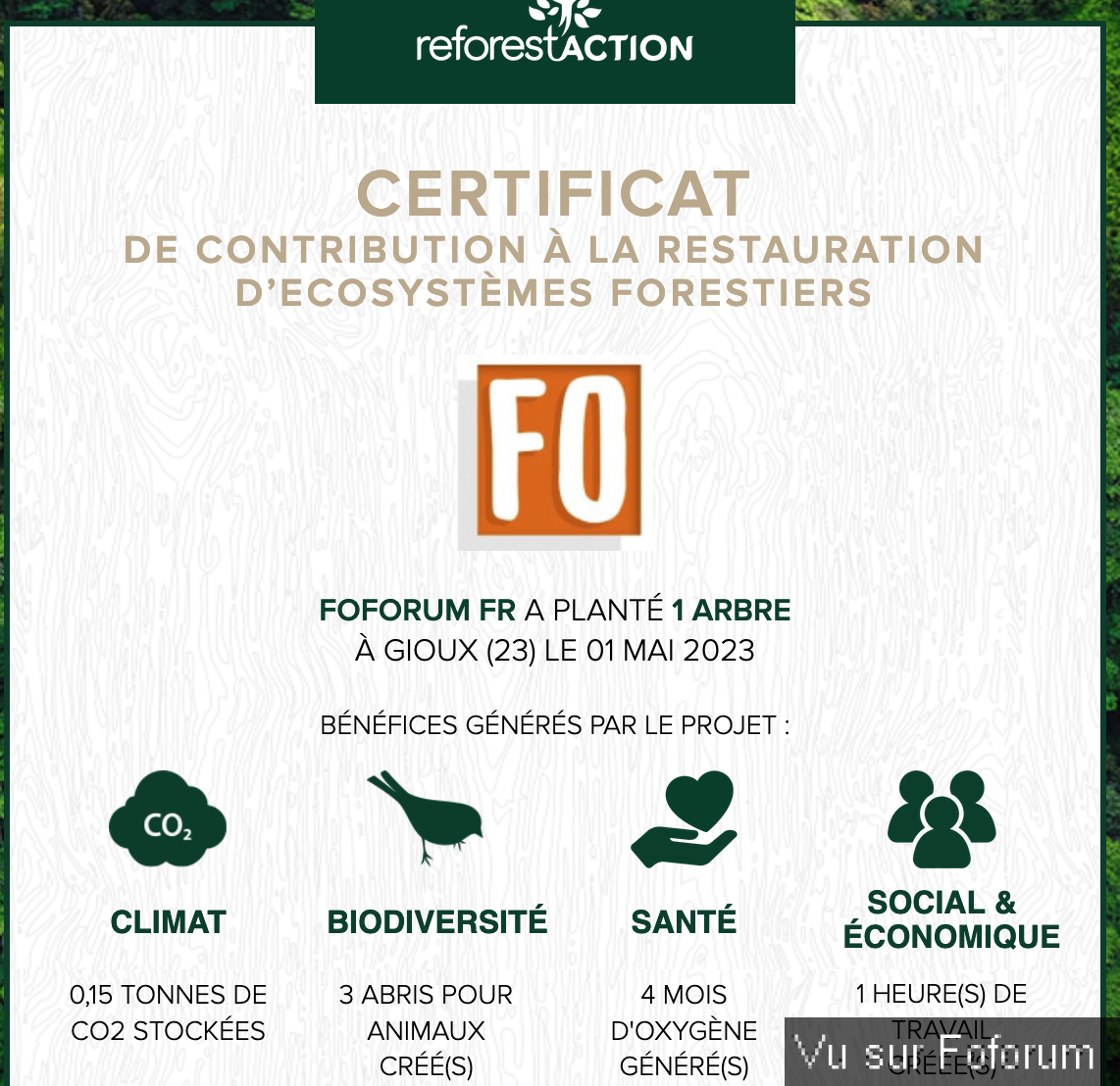 Nouvel achat : Plantation d'un arbre via Reforestaction 🌳