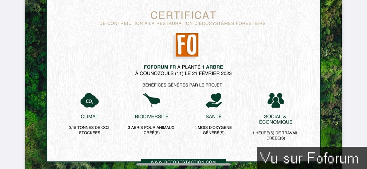 Nouvel achat : Plantation d'un arbre via Reforestaction 🌳